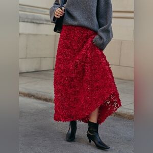 Commense Red Floor Length Floral Applique Runway Skirt Large L NEW